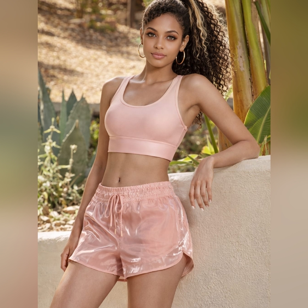 Nwt MARIKA Air Running Shorts In Peach Melba Shimmer Reflects Light Dolphin Cut